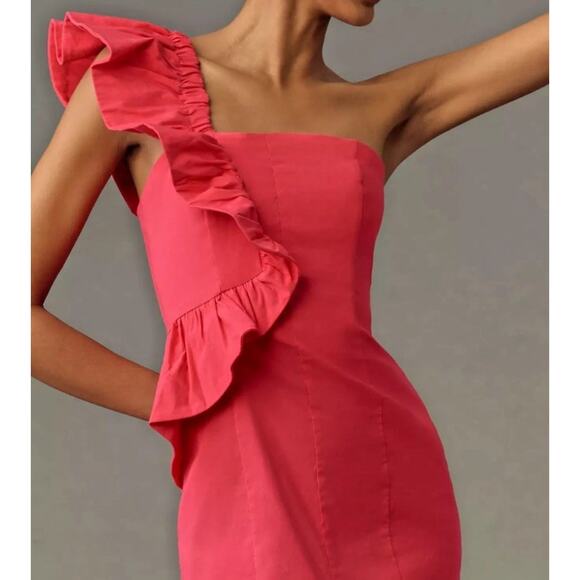 Anthropologie One-Shoulder Ruffle Linen Column Midi Pink Dress M - Picture 10 of 11